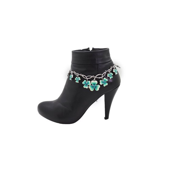 Women Silver Metal Chain Boot Bracelet Shoe Bright Baby Blue Clover Flower Charm - Picture 5 of 12